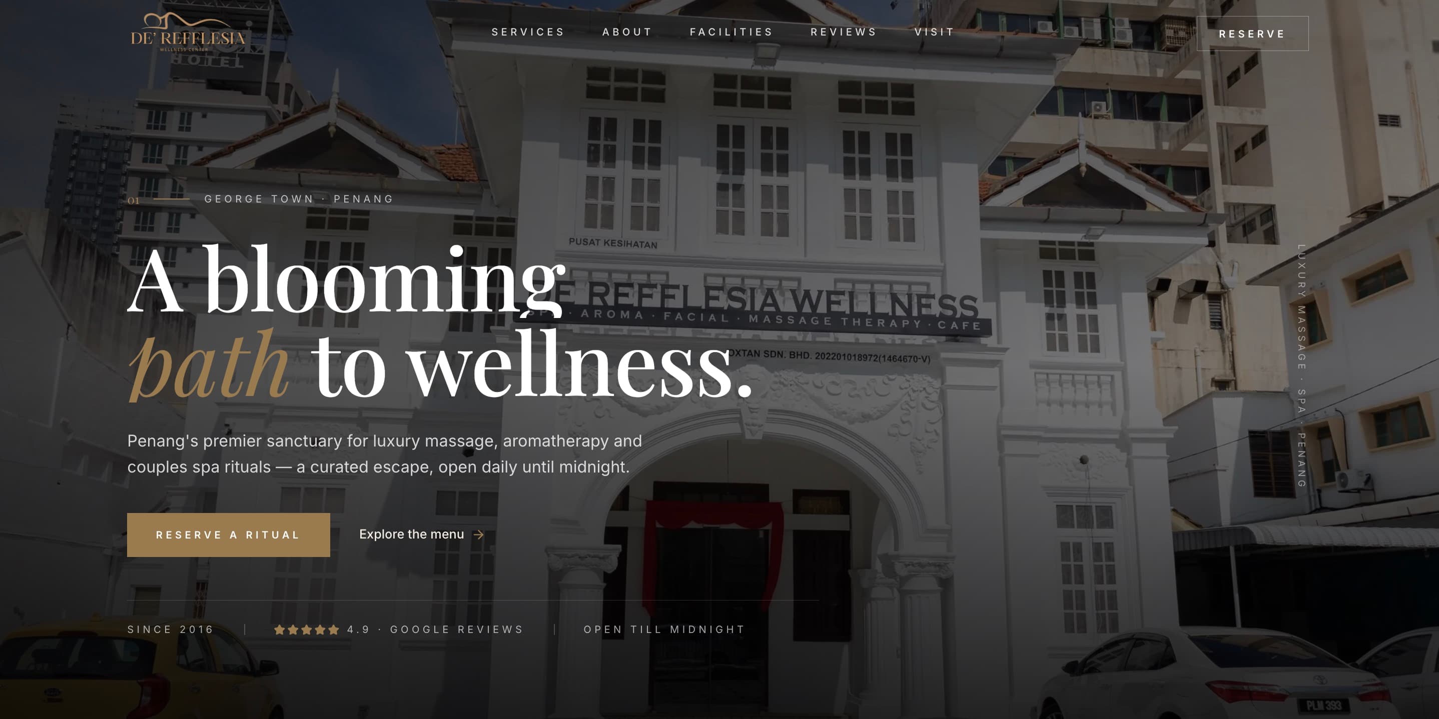 Redesigned De' Refflesia home page: the white heritage shophouse behind a serif headline reading A blooming path to wellness, with an open navigation and a proof line.