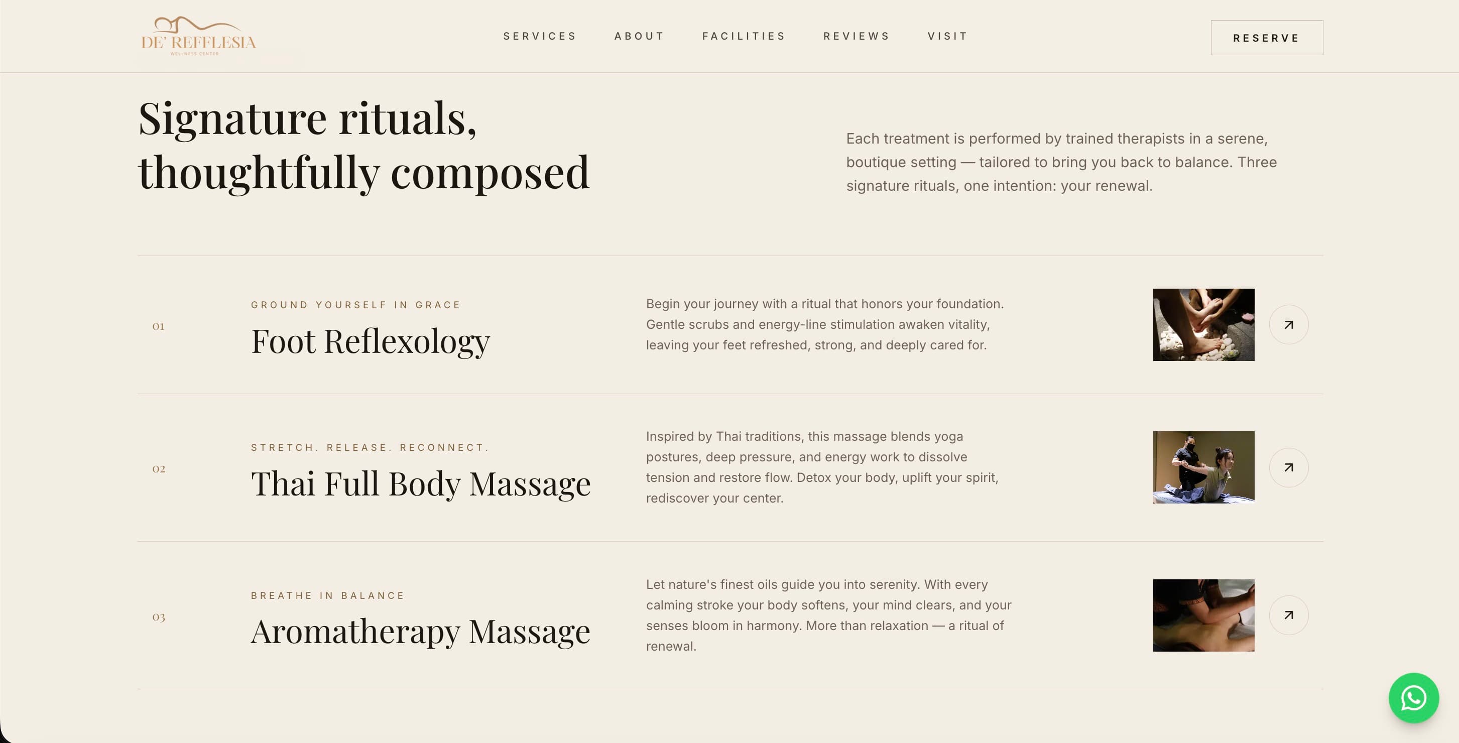 Redesigned services section: a numbered editorial list of three distinct rituals, each with an intent line, a description and a thumbnail.