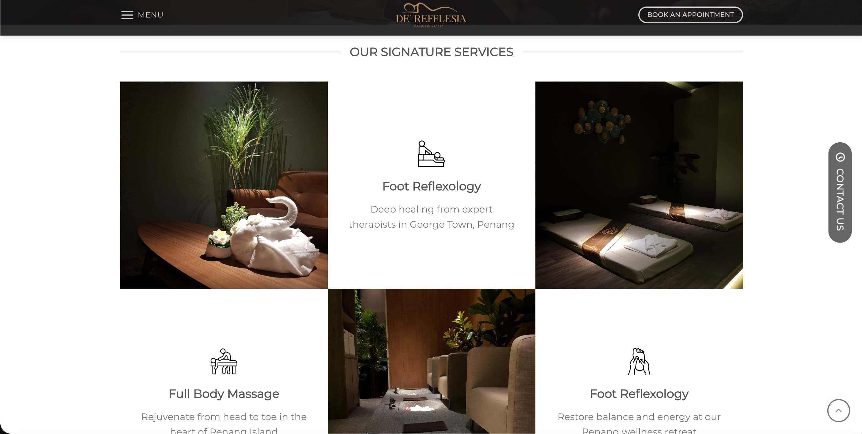 Original services section: a checkerboard of dark photographs and text blocks, with Foot Reflexology listed twice and descriptions made of location keywords.